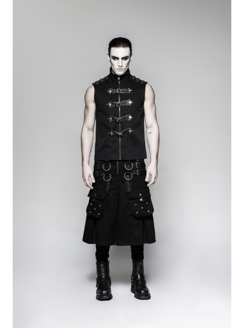 Metal Hasp Leather Bandage Front Pockets Frill Hem Black Punk Kilt