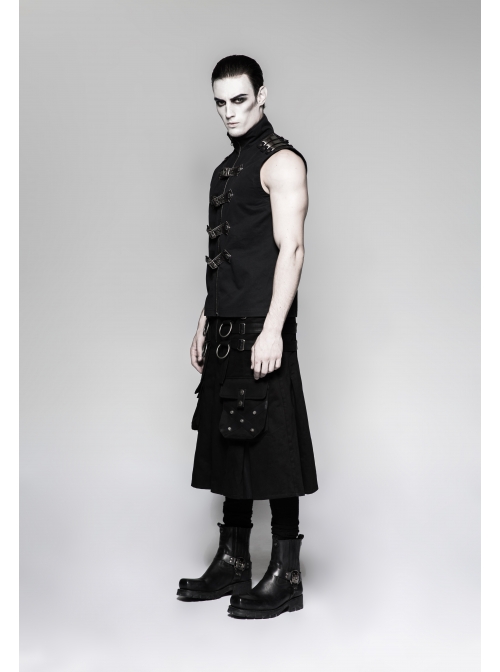 Metal Hasp Leather Bandage Front Pockets Frill Hem Black Punk Kilt