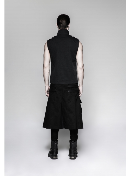 Metal Hasp Leather Bandage Front Pockets Frill Hem Black Punk Kilt