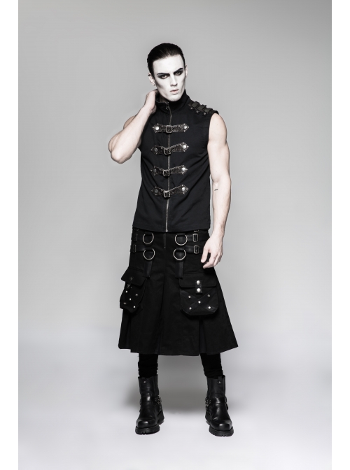 Metal Hasp Leather Bandage Front Pockets Frill Hem Black Punk Kilt