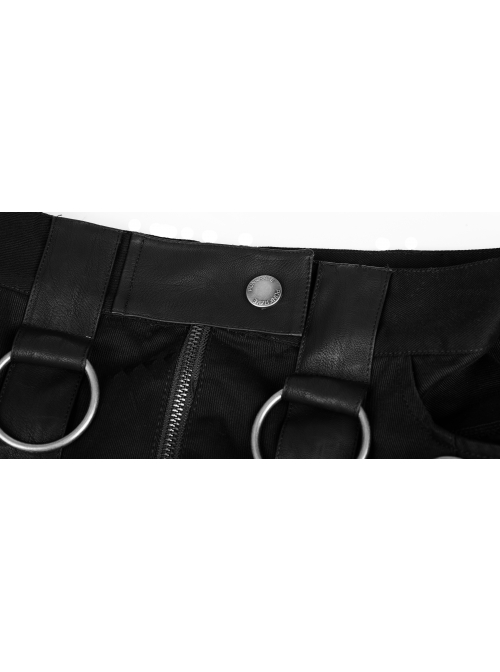 Metal Hasp Leather Bandage Front Pockets Frill Hem Black Punk Kilt