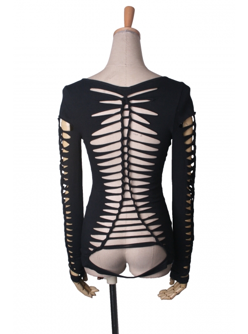 Black Hollow Worn-Out Strips Long Sleeve Punk Tight T-Shirt