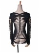 Black Hollow Worn-Out Strips Long Sleeve Punk Tight T-Shirt