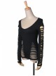 Black Hollow Worn-Out Strips Long Sleeve Punk Tight T-Shirt