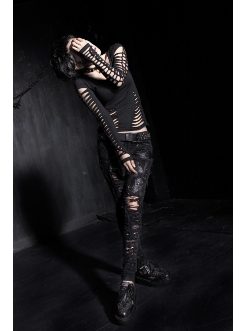 Black Hollow Worn-Out Strips Long Sleeve Punk Tight T-Shirt