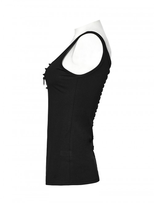 Chest V-Neck Broken Holes Metal Ring Rivet Bandage Back Worn-Out Strips Black Punk Vest