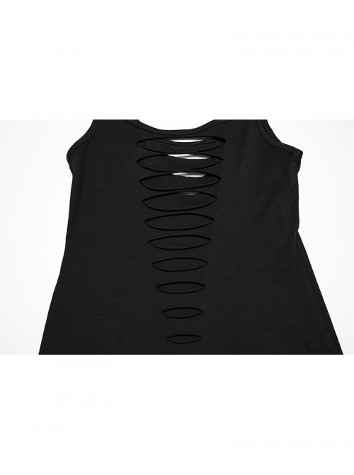 Chest V-Neck Broken Holes Metal Ring Rivet Bandage Back Worn-Out Strips Black Punk Vest