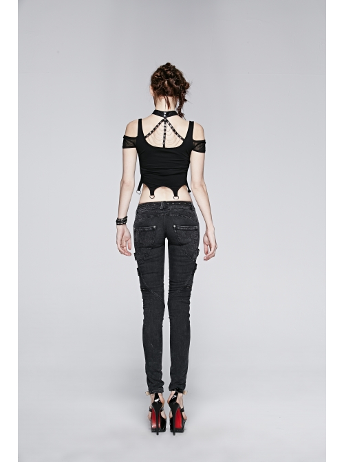 Choker Collar Back Bronze Skull Chain Mottled Mesh Short Sleeve Metal Loop Belt Hem Black Punk T-shirt