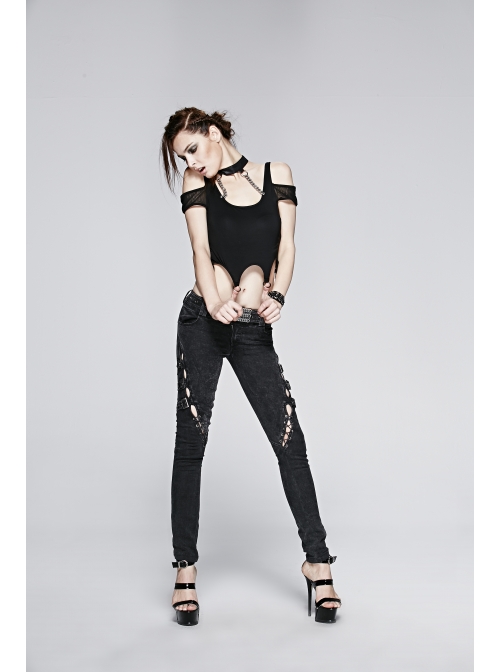 Choker Collar Back Bronze Skull Chain Mottled Mesh Short Sleeve Metal Loop Belt Hem Black Punk T-shirt