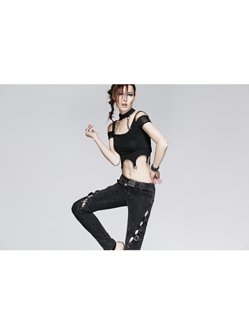 Choker Collar Back Bronze Skull Chain Mottled Mesh Short Sleeve Metal Loop Belt Hem Black Punk T-shirt
