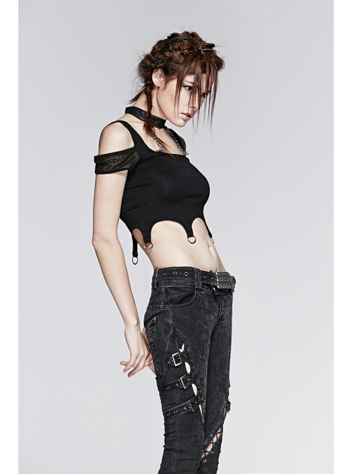 Choker Collar Back Bronze Skull Chain Mottled Mesh Short Sleeve Metal Loop Belt Hem Black Punk T-shirt