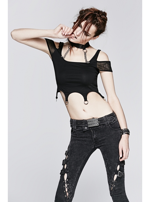 Choker Collar Back Bronze Skull Chain Mottled Mesh Short Sleeve Metal Loop Belt Hem Black Punk T-shirt