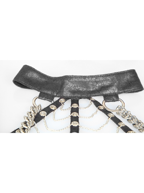 Choker Collar Back Bronze Skull Chain Mottled Mesh Short Sleeve Metal Loop Belt Hem Black Punk T-shirt