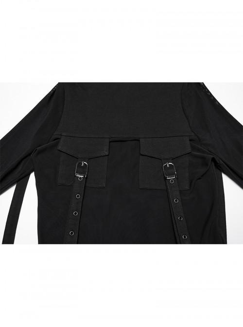 Big Hood Chest Pockets Metal Ring Bandage Roping Mesh Long Sleeve Black Punk T-Shirt