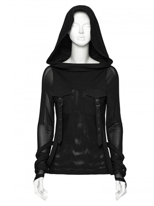 Big Hood Chest Pockets Metal Ring Bandage Roping Mesh Long Sleeve Black Punk T-Shirt