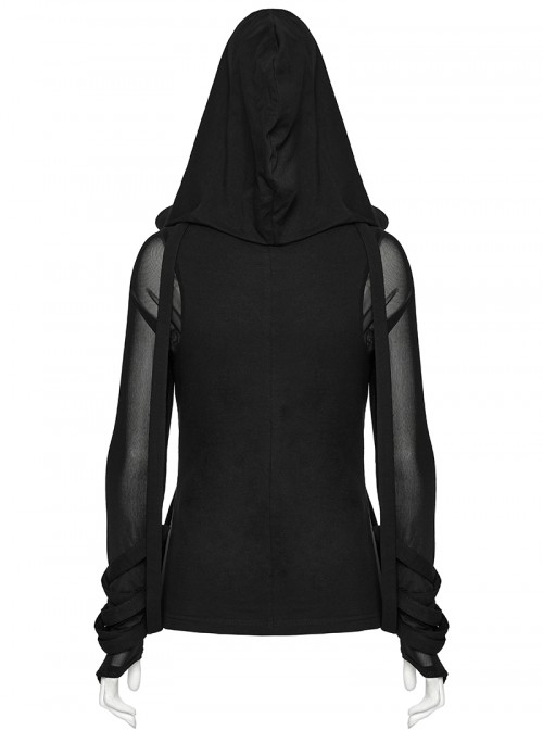 Big Hood Chest Pockets Metal Ring Bandage Roping Mesh Long Sleeve Black Punk T-Shirt