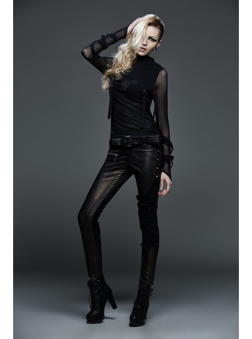 Big Hood Chest Pockets Metal Ring Bandage Roping Mesh Long Sleeve Black Punk T-Shirt