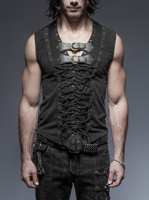 V-Neck Chest Leather Hasp Metal Rings Cross Lace-Up Black Punk Vest