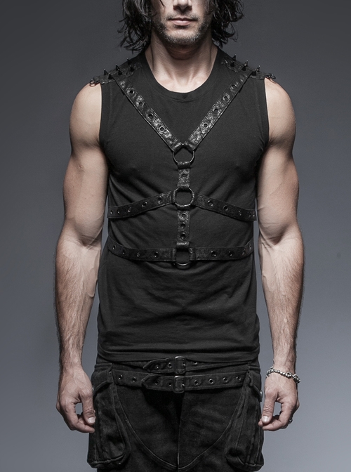 Chest Metal Ring Blasting Cracks Leather Hasp Shoulder Rivet Black Punk Vest