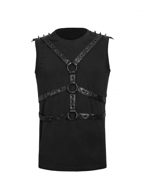 Chest Metal Ring Blasting Cracks Leather Hasp Shoulder Rivet Black Punk Vest