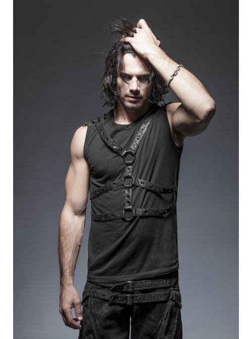 Chest Metal Ring Blasting Cracks Leather Hasp Shoulder Rivet Black Punk Vest