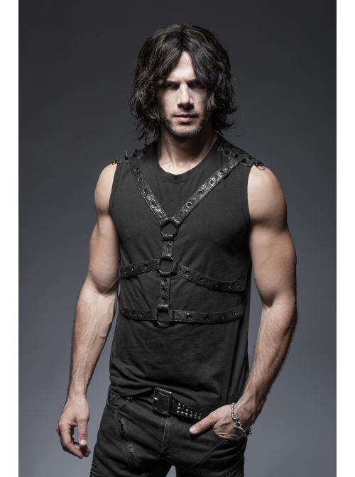 Chest Metal Ring Blasting Cracks Leather Hasp Shoulder Rivet Black Punk Vest
