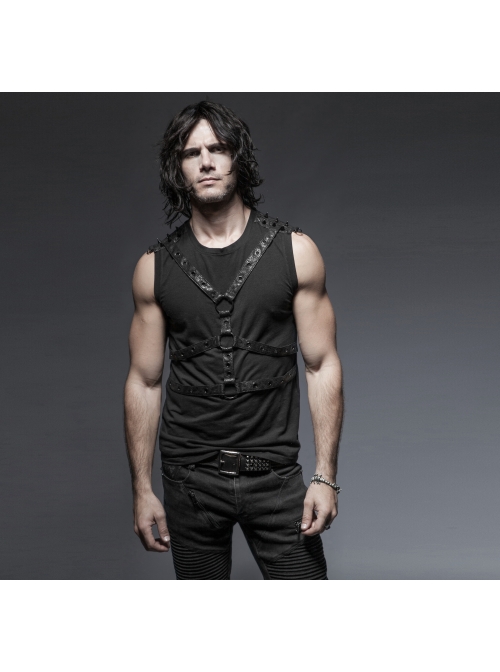 Chest Metal Ring Blasting Cracks Leather Hasp Shoulder Rivet Black Punk Vest