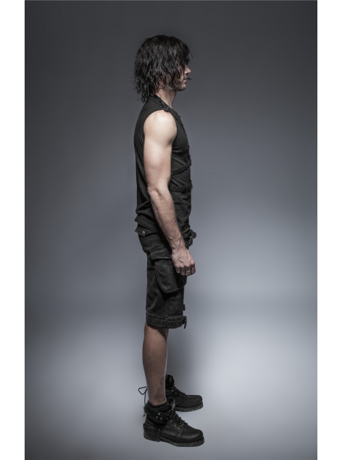 Chest Metal Ring Blasting Cracks Leather Hasp Shoulder Rivet Black Punk Vest