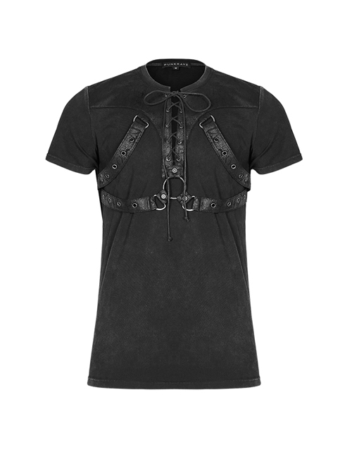 Lace-Up Collar Chest Metal Rings Leather Hasp Black Punk Short Sleeve T-Shirt