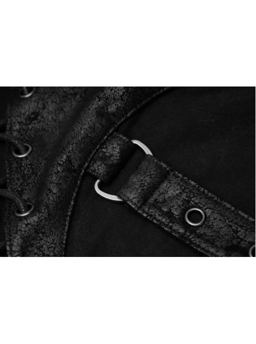 Lace-Up Collar Chest Metal Rings Leather Hasp Black Punk Short Sleeve T-Shirt