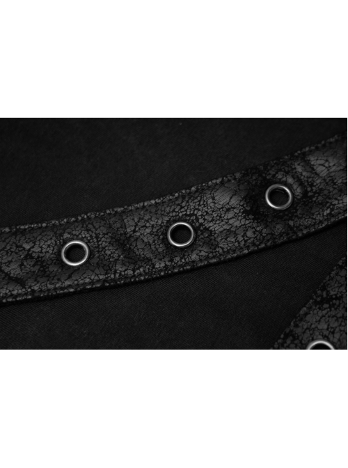 Lace-Up Collar Chest Metal Rings Leather Hasp Black Punk Short Sleeve T-Shirt