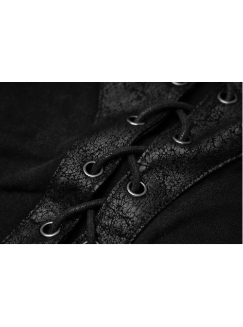 Lace-Up Collar Chest Metal Rings Leather Hasp Black Punk Short Sleeve T-Shirt