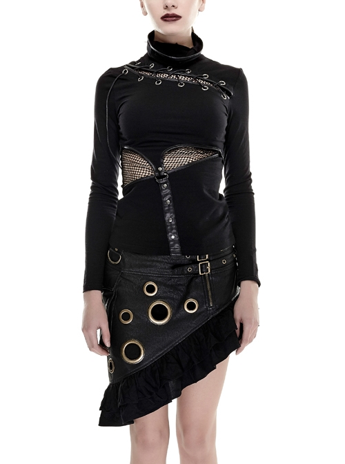 High Collar Chest Lace-Up Waist Splice Mesh Metal Leather Hasp Long Sleeve Black Punk T-Shirt