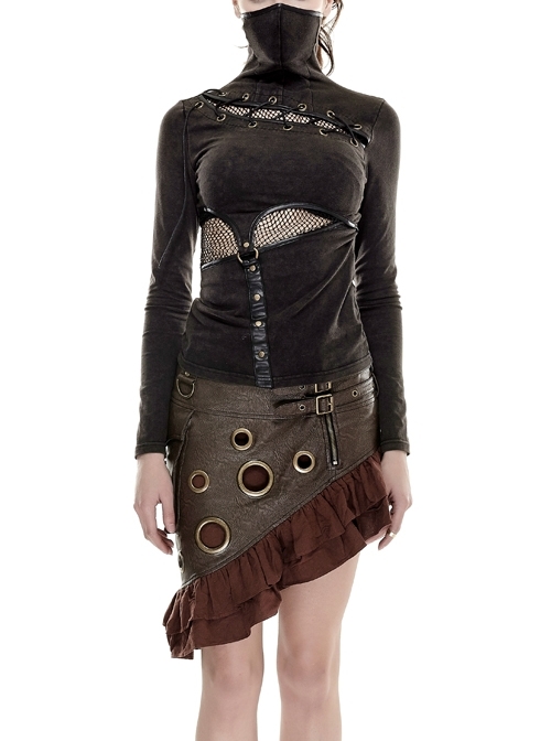 High Collar Chest Lace-Up Waist Splice Mesh Metal Leather Hasp Long Sleeve Brown Punk T-Shirt