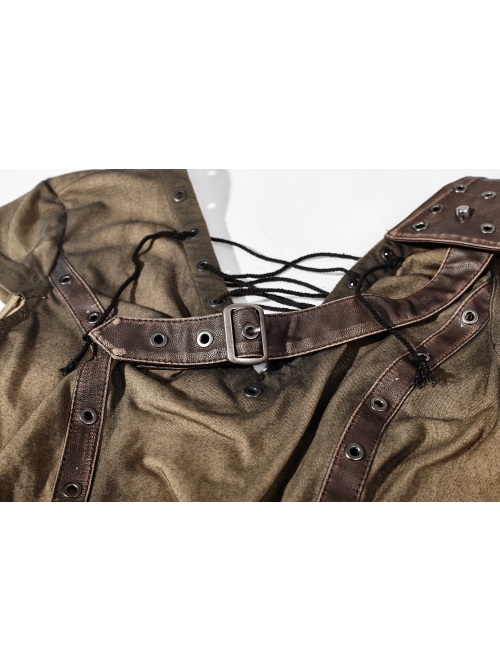 Brown Shoulder Armor Metal Leather Hasp Back Big V-Shaped Cross Lace-Up Punk T-Shirt