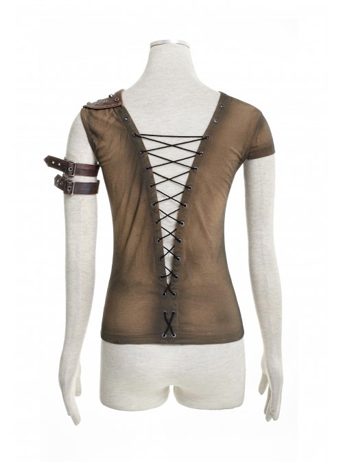 Brown Shoulder Armor Metal Leather Hasp Back Big V-Shaped Cross Lace-Up Punk T-Shirt