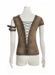Brown Shoulder Armor Metal Leather Hasp Back Big V-Shaped Cross Lace-Up Punk T-Shirt