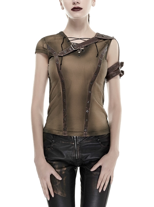 Brown Shoulder Armor Metal Leather Hasp Back Big V-Shaped Cross Lace-Up Punk T-Shirt