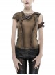 Brown Shoulder Armor Metal Leather Hasp Back Big V-Shaped Cross Lace-Up Punk T-Shirt