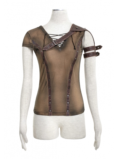 Brown Shoulder Armor Metal Leather Hasp Back Big V-Shaped Cross Lace-Up Punk T-Shirt