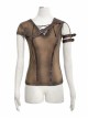 Brown Shoulder Armor Metal Leather Hasp Back Big V-Shaped Cross Lace-Up Punk T-Shirt