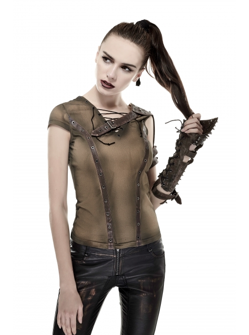 Brown Shoulder Armor Metal Leather Hasp Back Big V-Shaped Cross Lace-Up Punk T-Shirt