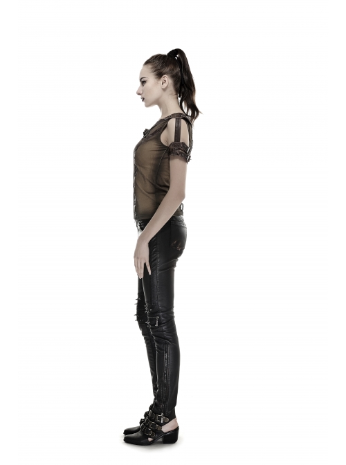 Brown Shoulder Armor Metal Leather Hasp Back Big V-Shaped Cross Lace-Up Punk T-Shirt