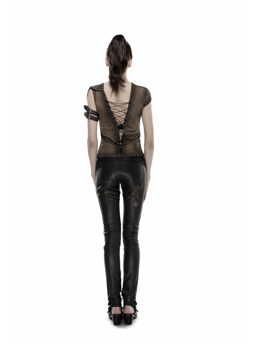 Brown Shoulder Armor Metal Leather Hasp Back Big V-Shaped Cross Lace-Up Punk T-Shirt