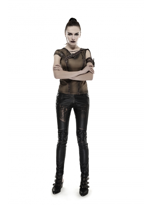 Brown Shoulder Armor Metal Leather Hasp Back Big V-Shaped Cross Lace-Up Punk T-Shirt