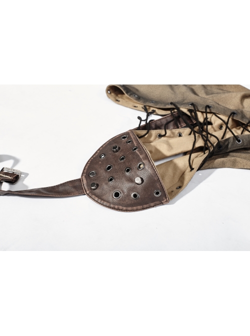 Brown Shoulder Armor Metal Leather Hasp Back Big V-Shaped Cross Lace-Up Punk T-Shirt