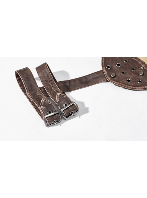 Brown Shoulder Armor Metal Leather Hasp Back Big V-Shaped Cross Lace-Up Punk T-Shirt