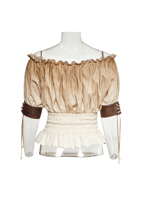 Off-White Jacquard Striped Off-Shoulder Big Neckband Chest Lace-Up Waist Elastic Band Punk T-Shirt