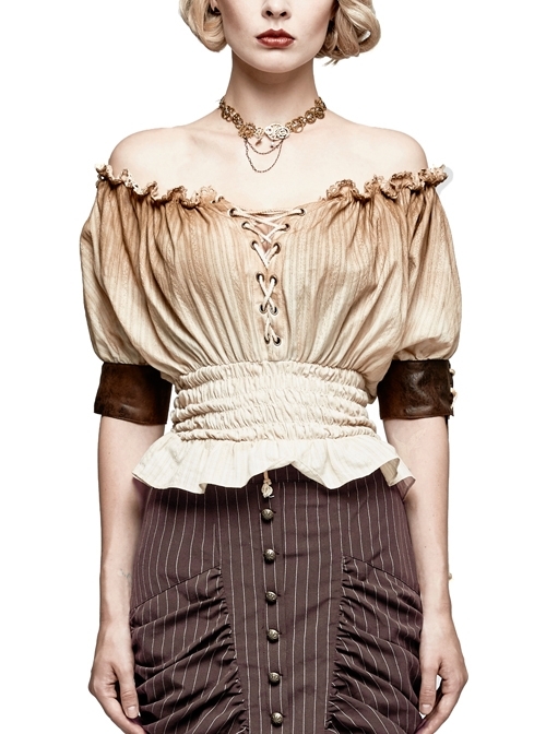 Off-White Jacquard Striped Off-Shoulder Big Neckband Chest Lace-Up Waist Elastic Band Punk T-Shirt