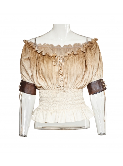 Off-White Jacquard Striped Off-Shoulder Big Neckband Chest Lace-Up Waist Elastic Band Punk T-Shirt